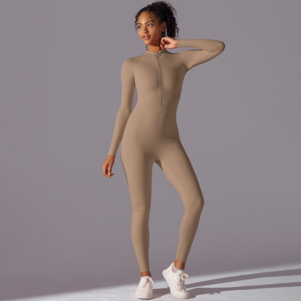 High Elastic Half-Open Zipper Long Jumpsuit Sports Running Fitness Long Sleeve Yoga Wear for Women - Image 3